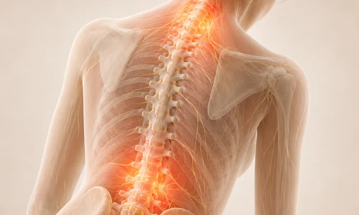 Ilustração anatômica da coluna com as regiões lombar e cervical em destaque
