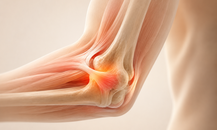 Ilustração anatômica do cotovelo com o ponto de inflamação em destaque