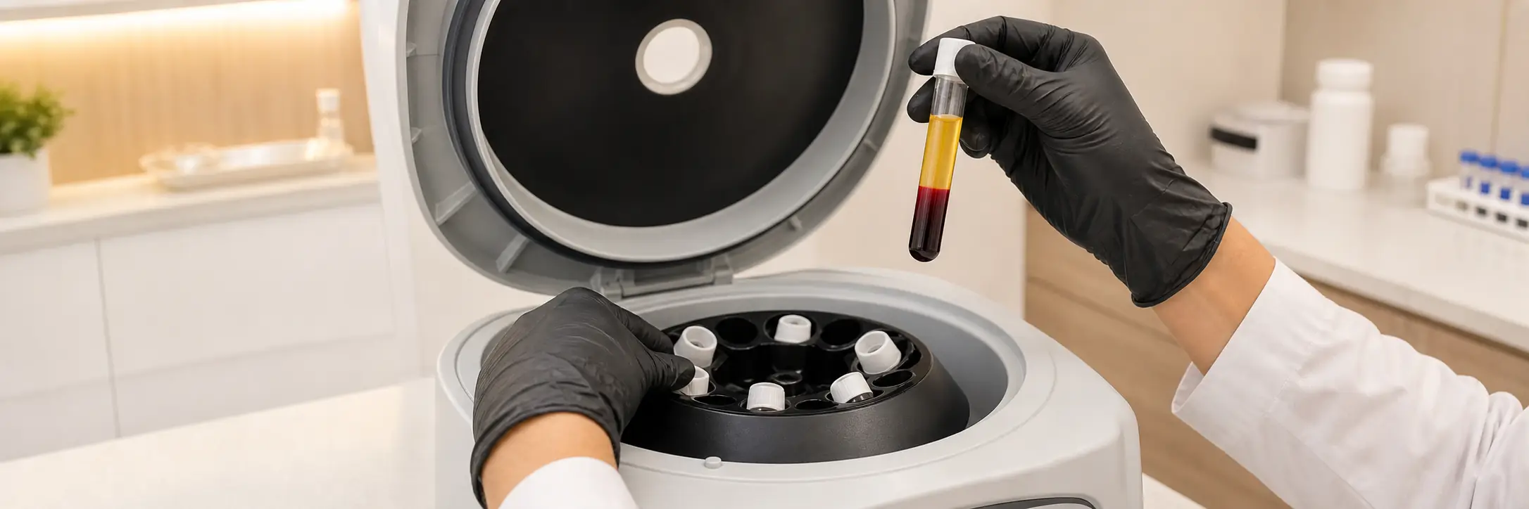 Centrífuga separando o material biológico do próprio paciente, na medicina regenerativa
