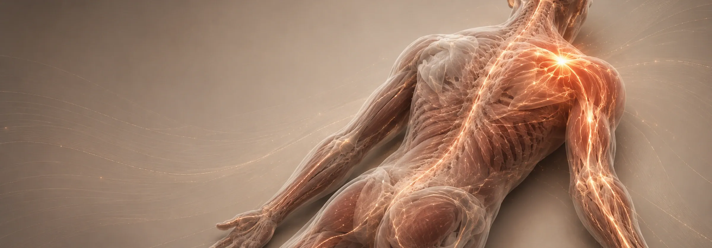 Ilustração do corpo humano com a musculatura visível e um ponto de dor iluminado no ombro