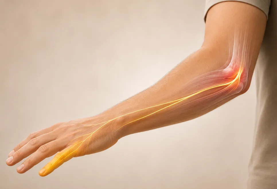Síndrome do túnel cubital — nervo ulnar do cotovelo aos dedos (ilustração)